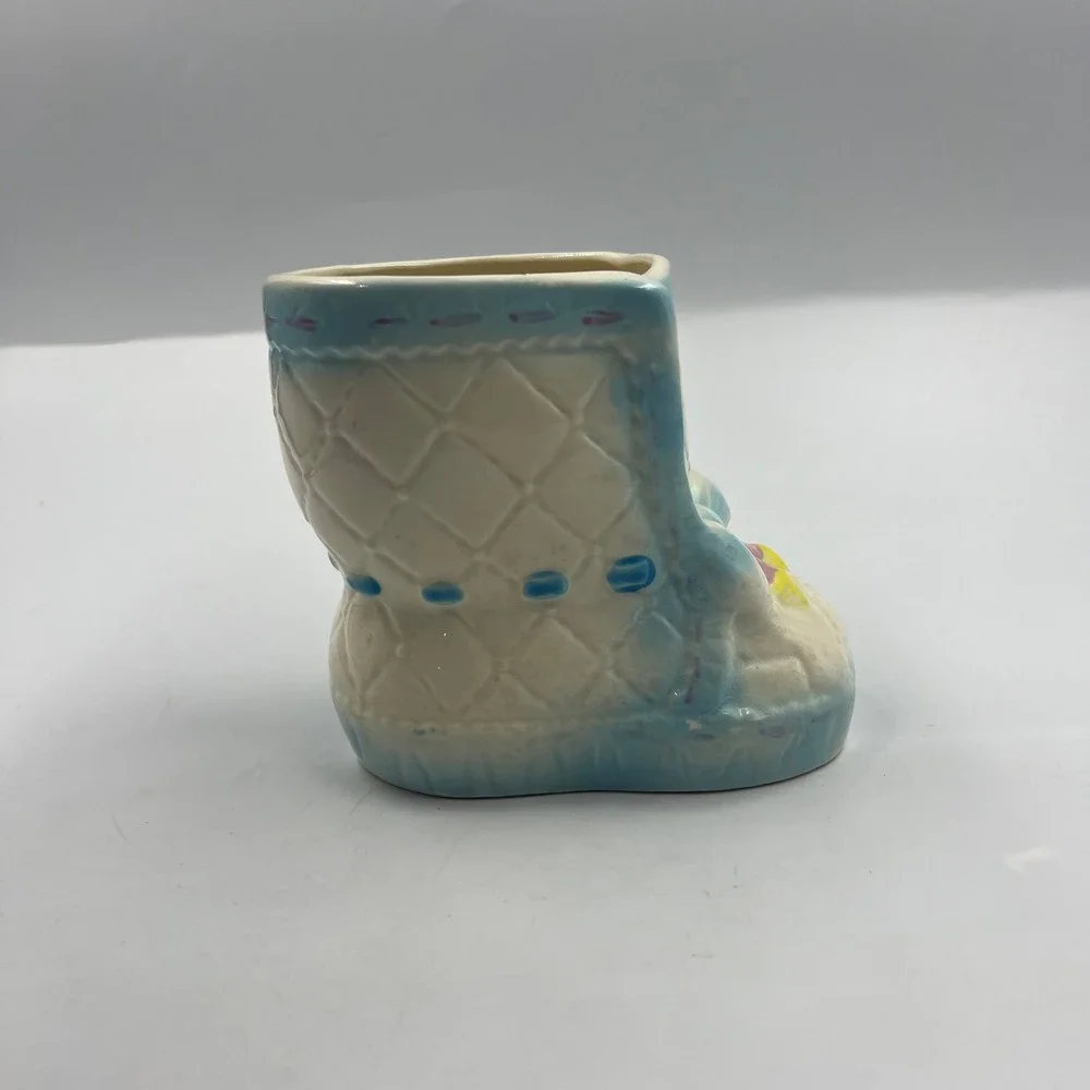 Vintage 1988 Roman Inc Ceramic Baby Boot Planter Quilted Blue Nursery Decor